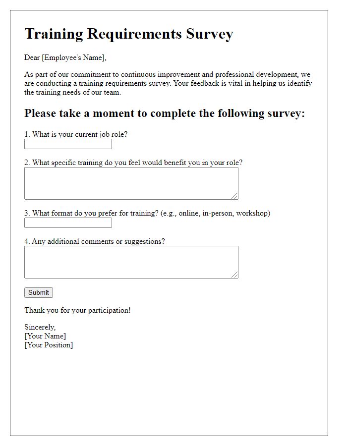 Letter template of training requirements survey