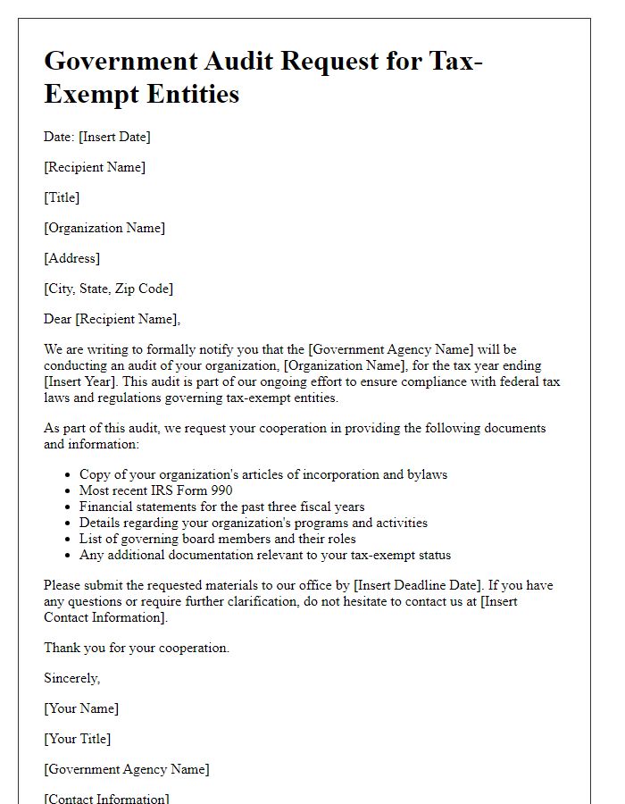 Letter template of government audit request for tax-exempt entities.