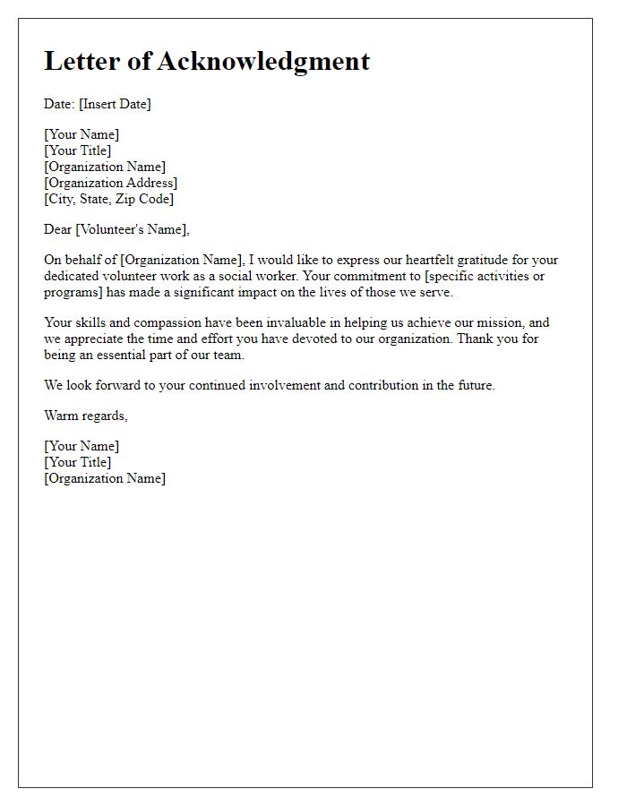 Letter template of acknowledgment for a social worker's volunteer work