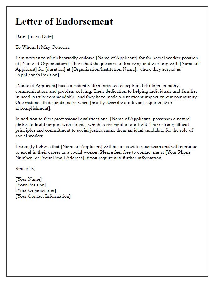 Letter template of endorsement for a social worker application