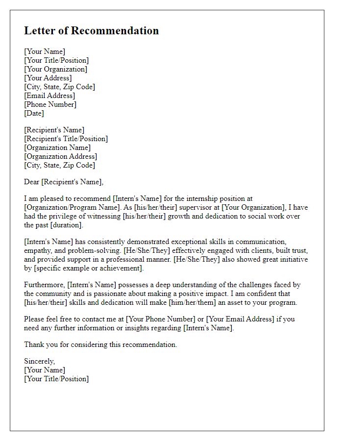 Letter template of recommendation for a social worker's internship