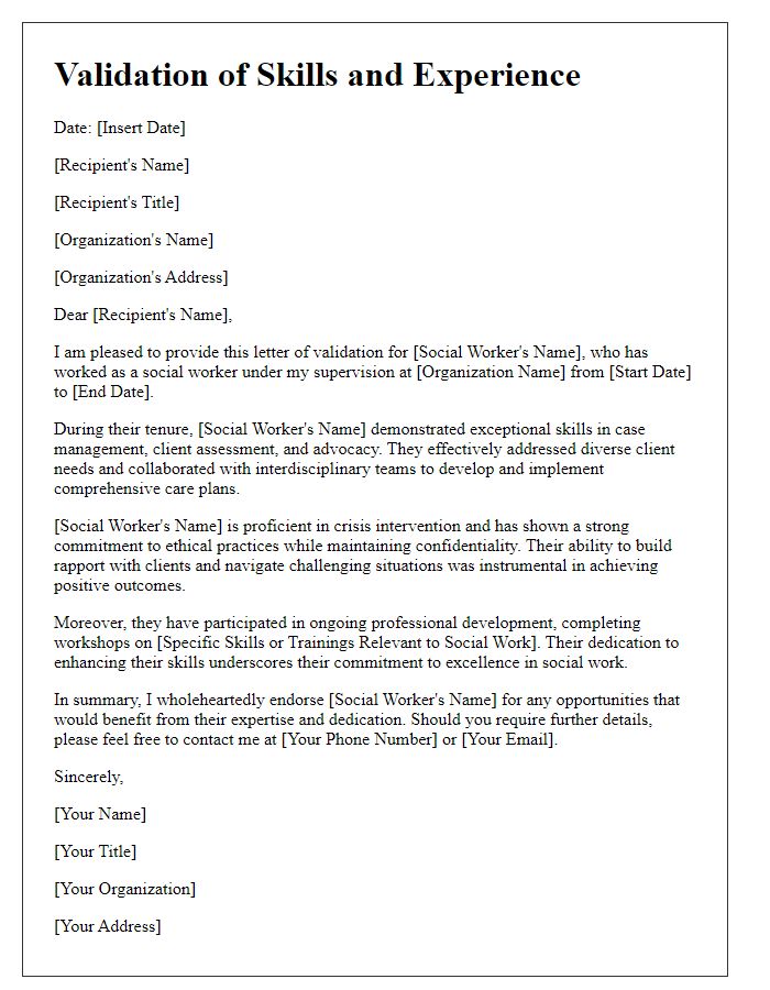 Letter template of validation for a social worker's skills and experience