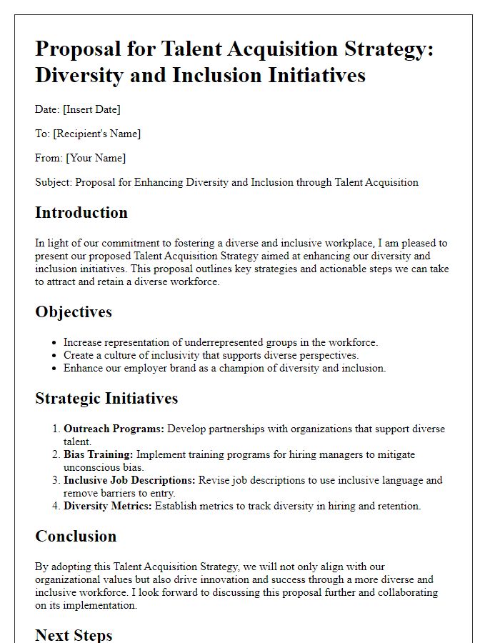 Letter template of talent acquisition strategy proposal for diversity and inclusion initiatives