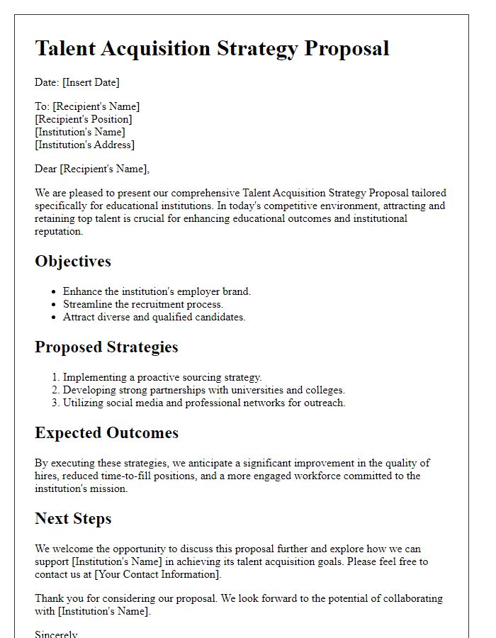 Letter template of talent acquisition strategy proposal for educational institutions