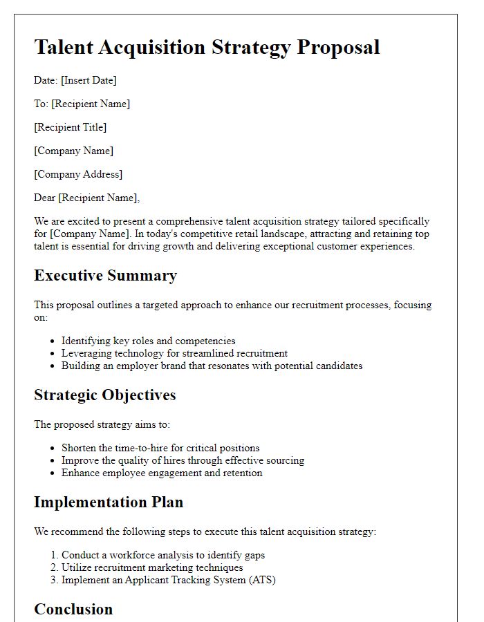 Letter template of talent acquisition strategy proposal for retail businesses