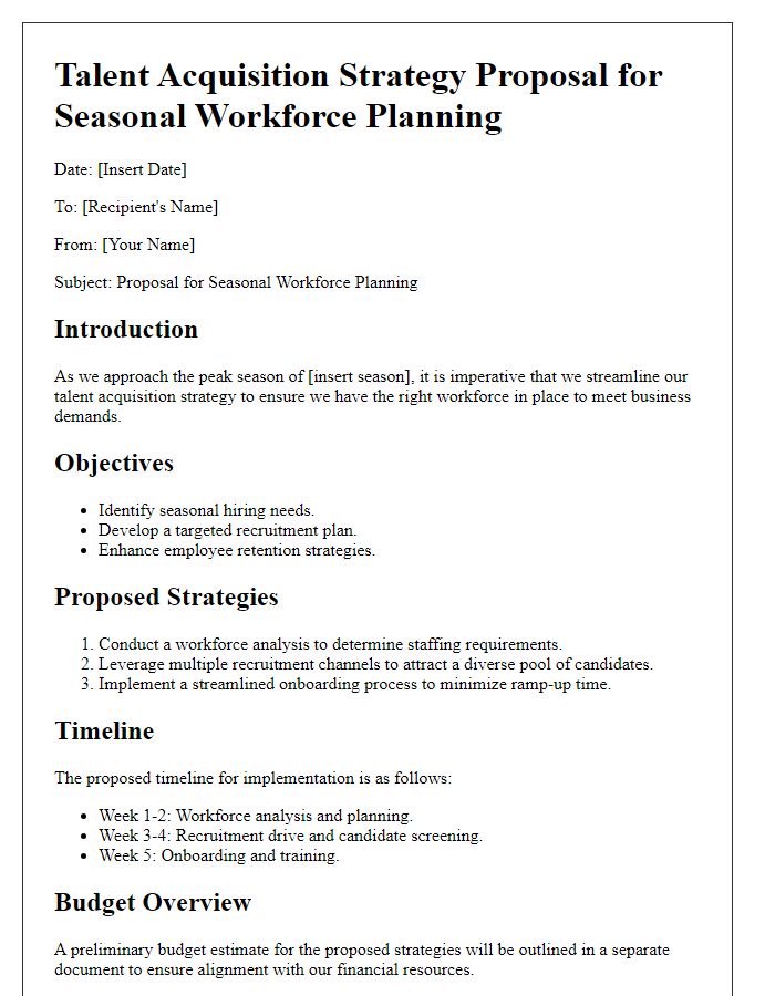 Letter template of talent acquisition strategy proposal for seasonal workforce planning