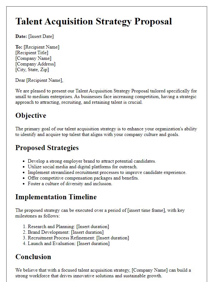 Letter template of talent acquisition strategy proposal for small to medium enterprises