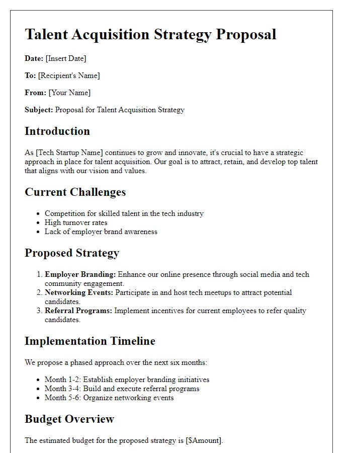 Letter template of talent acquisition strategy proposal for tech startups