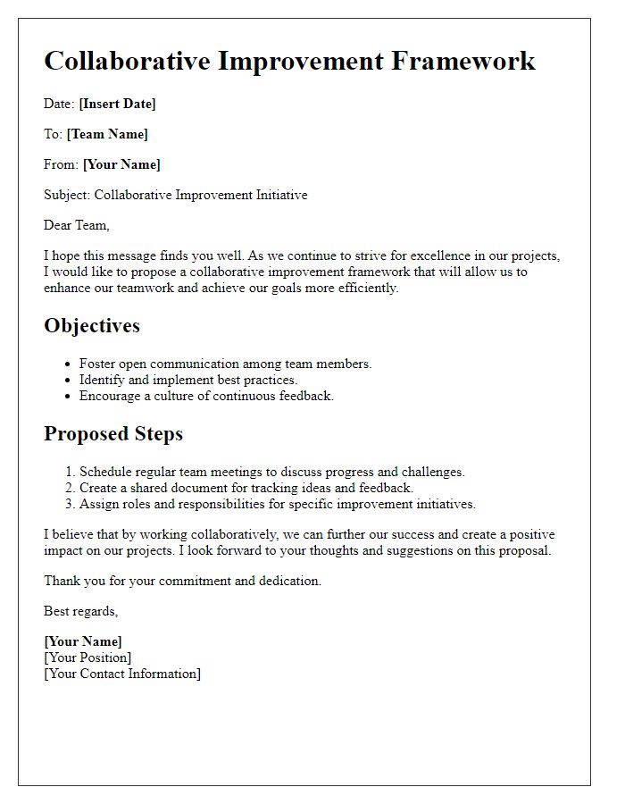 Letter template of collaborative improvement framework for team