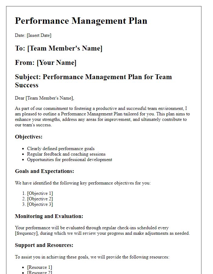 Letter template of performance management plan for team success