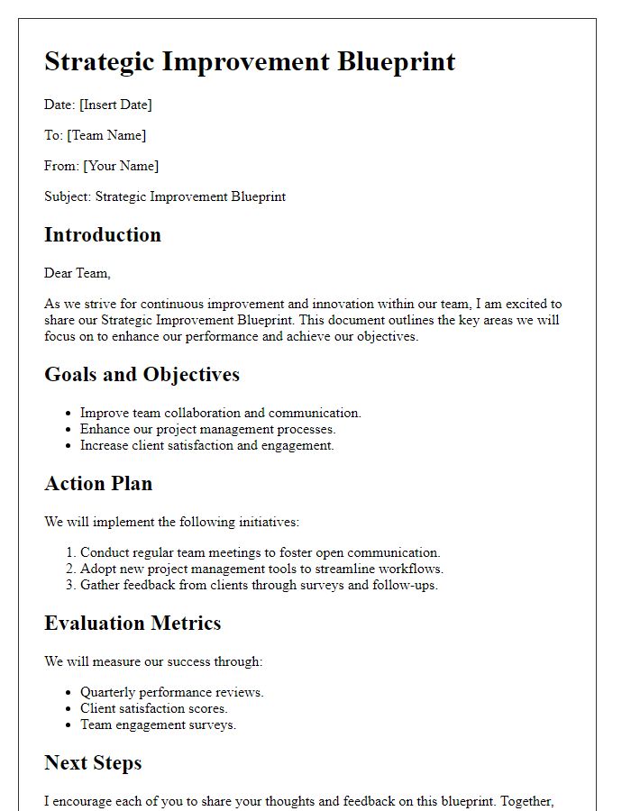 Letter template of strategic improvement blueprint for team