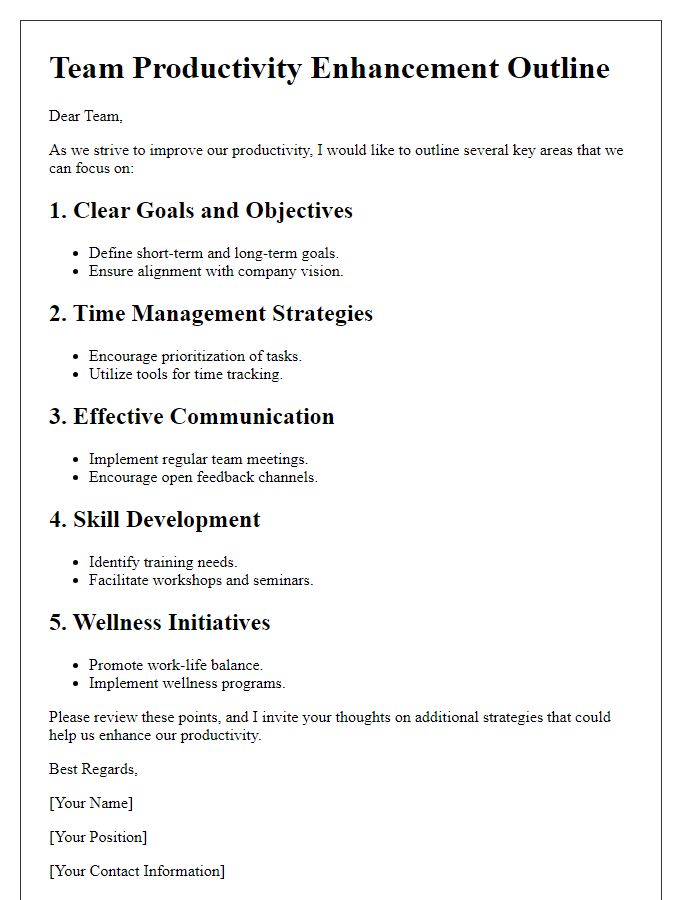 Letter template of team productivity enhancement outline