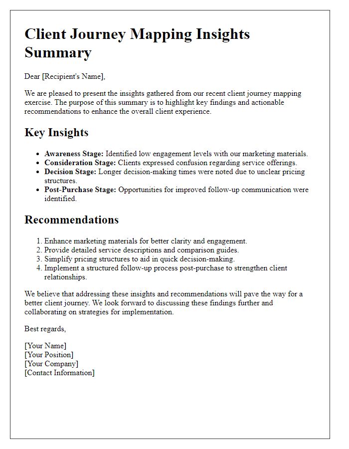 Letter template of client journey mapping insights summary