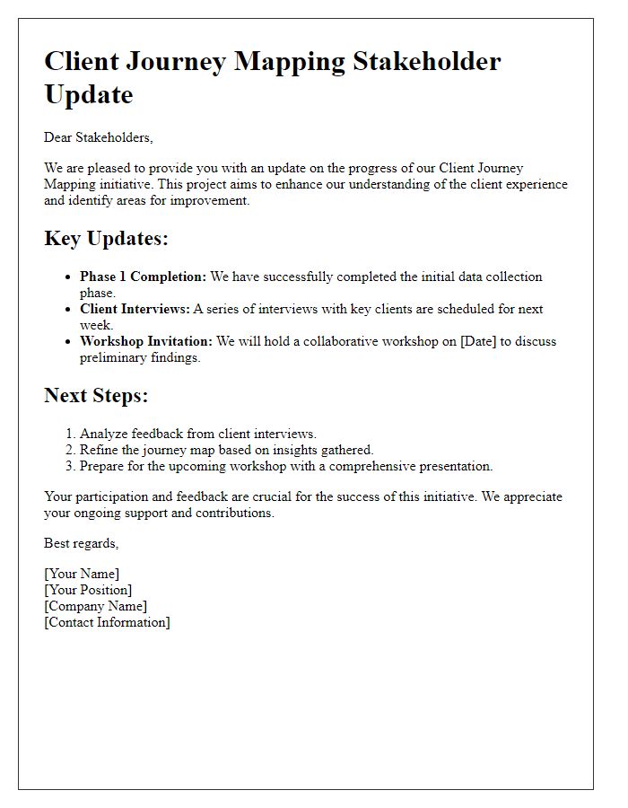 Letter template of client journey mapping stakeholder update