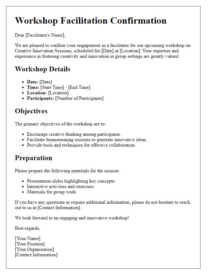 Letter template of workshop facilitation for creative innovation sessions