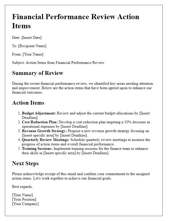 Letter template of financial performance review action items