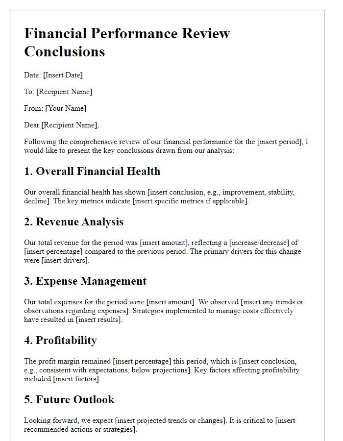 Letter template of financial performance review conclusions