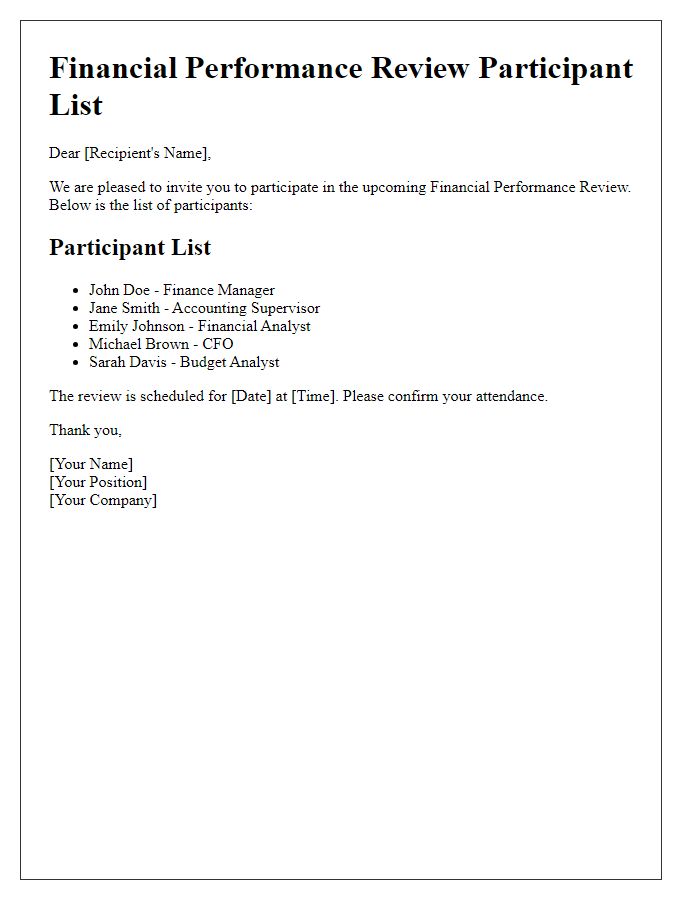 Letter template of financial performance review participant list