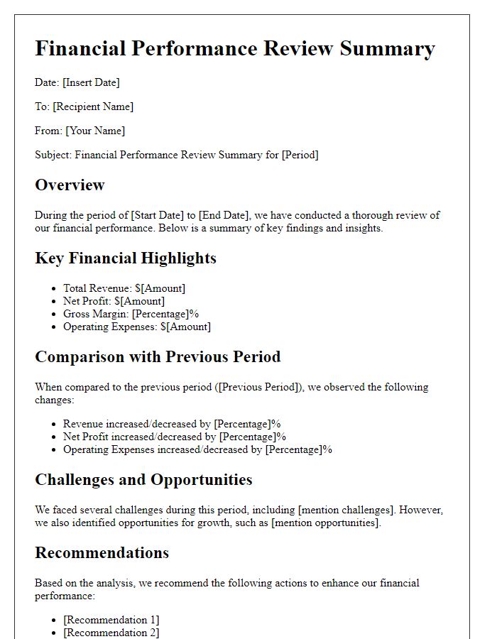 Letter template of financial performance review summary