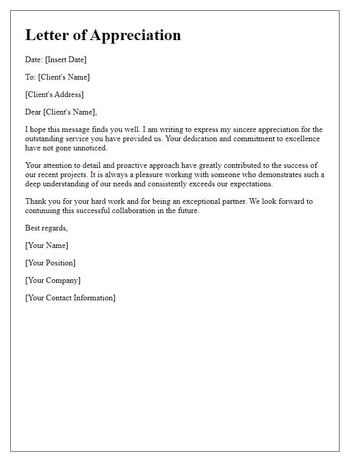 Letter template of appreciation for outstanding client service.