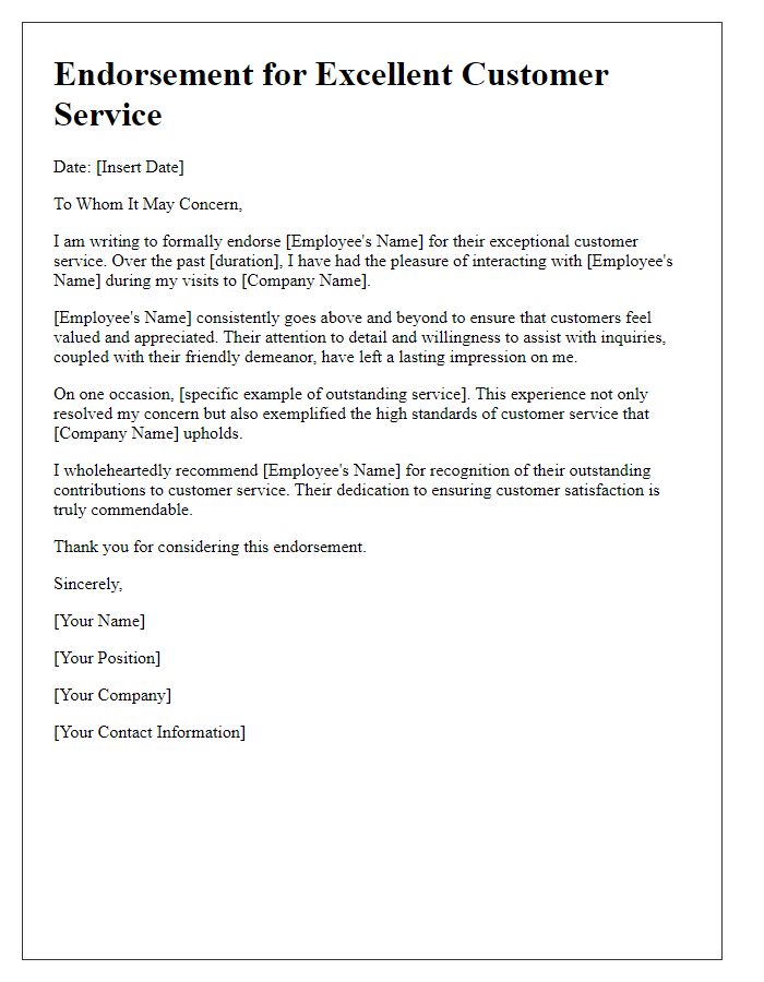 Letter template of endorsement for excellent customer service.