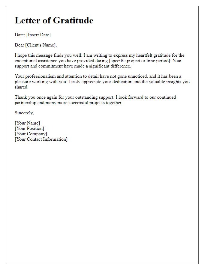 Letter template of gratitude for exceptional client assistance.