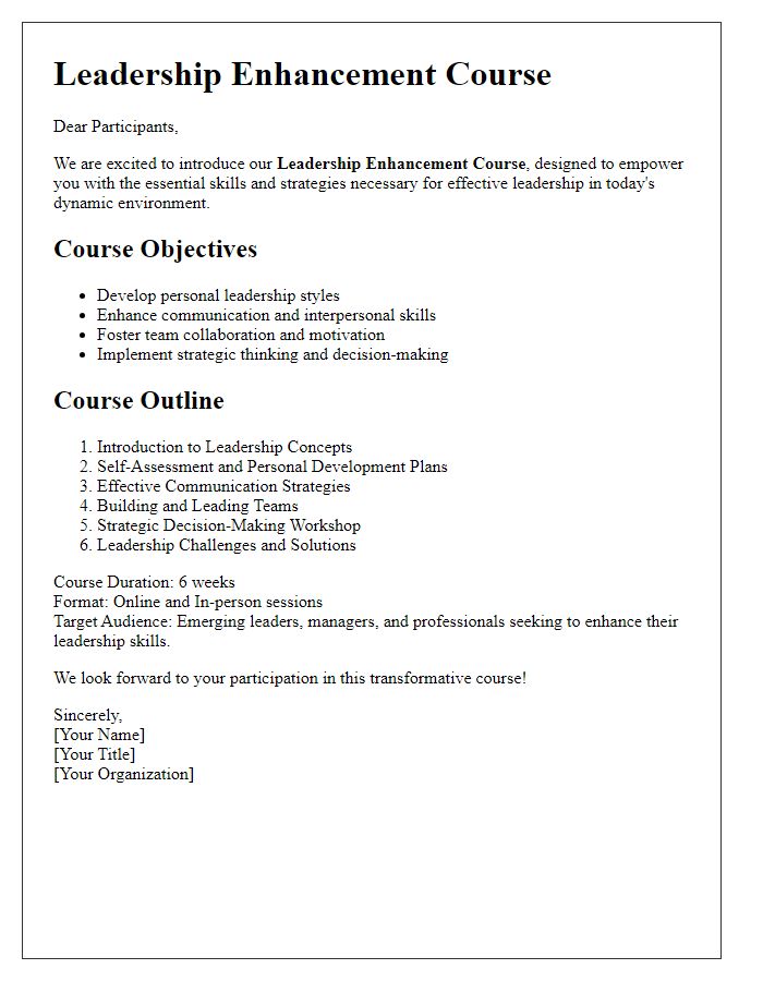 Letter template of leadership enhancement course description