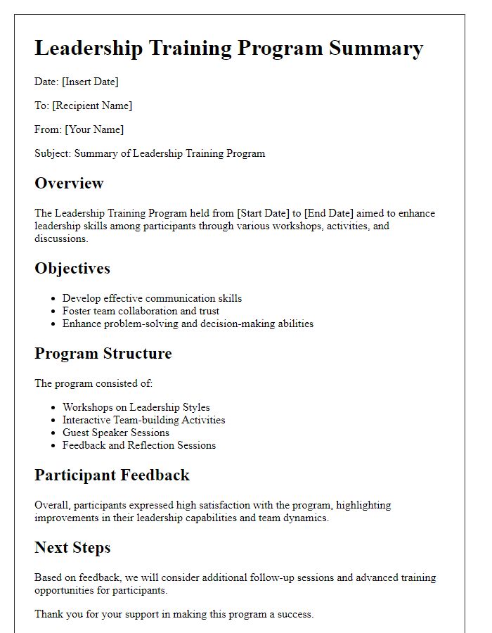 Letter template of leadership training program summary