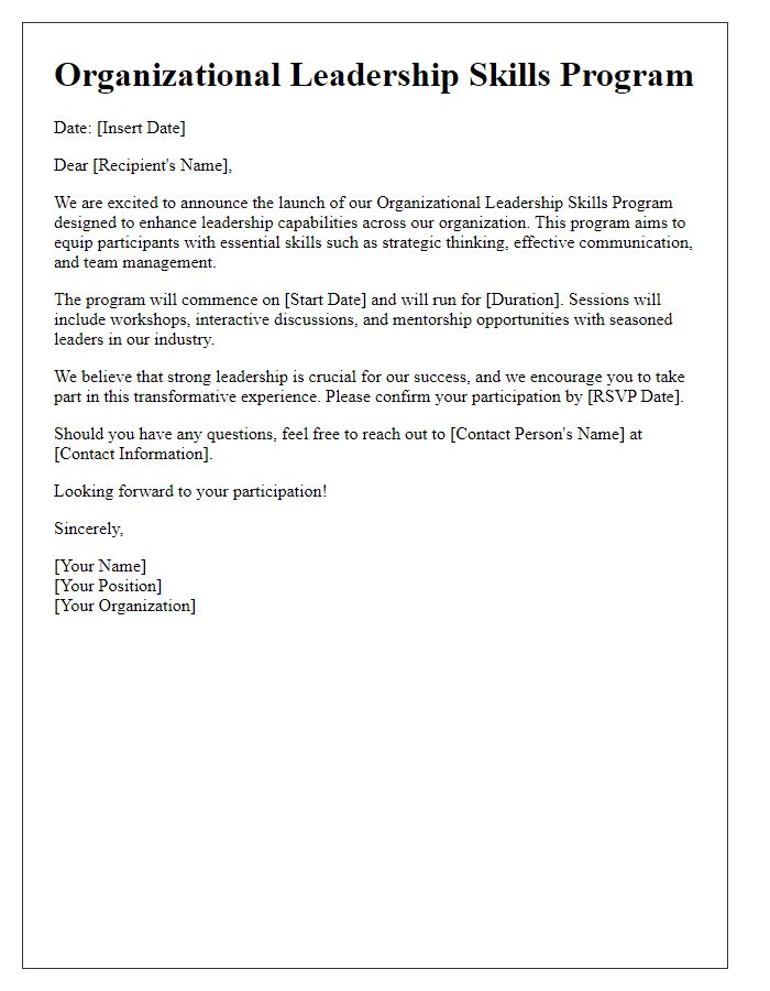 Letter template of organizational leadership skills program