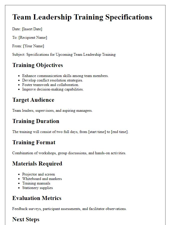 Letter template of team leadership training specifications