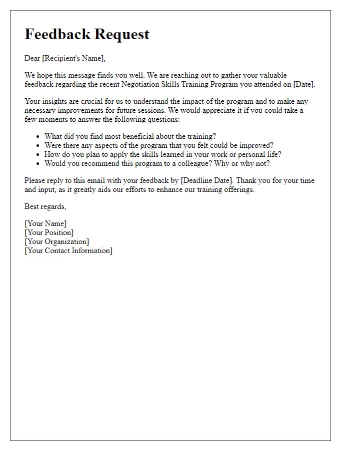 Letter template of feedback request on negotiation skills training program