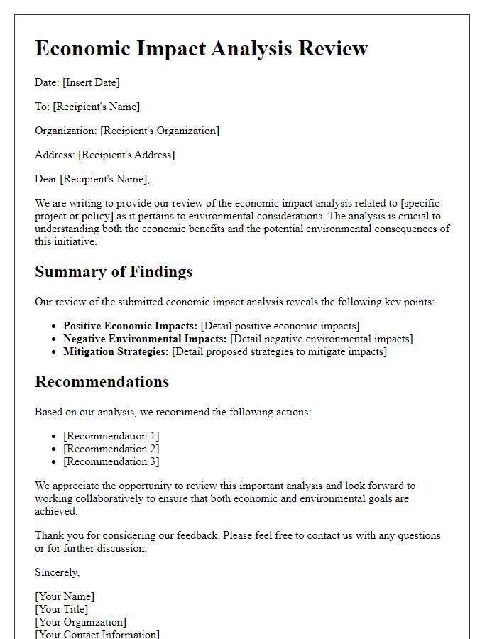 Letter template of economic impact analysis review for environmental organizations