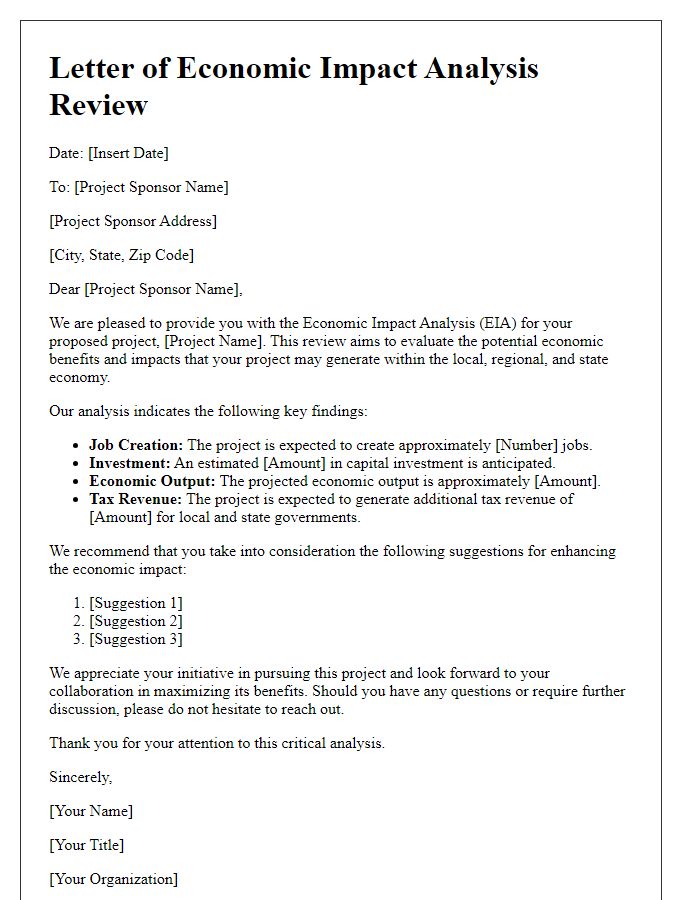 Letter template of economic impact analysis review for project sponsors