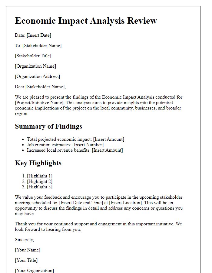 Letter template of economic impact analysis review for stakeholders