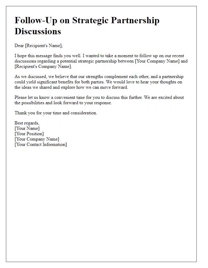 Letter template of follow-up on previous strategic partnership discussions.