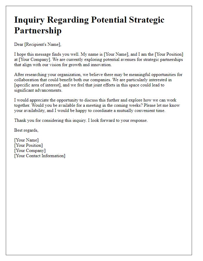 Letter template of inquiry regarding potential strategic partnership avenues.