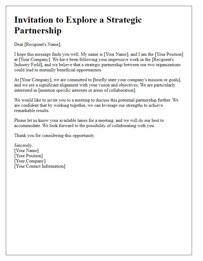 Letter template of invitation to explore a mutually beneficial strategic partnership.