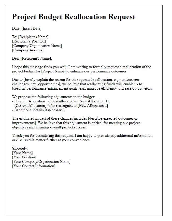 Letter template of project budget reallocation request for performance enhancements