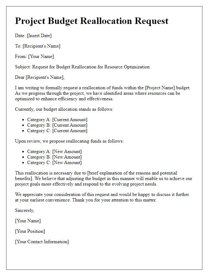 Letter template of project budget reallocation request for resource optimization