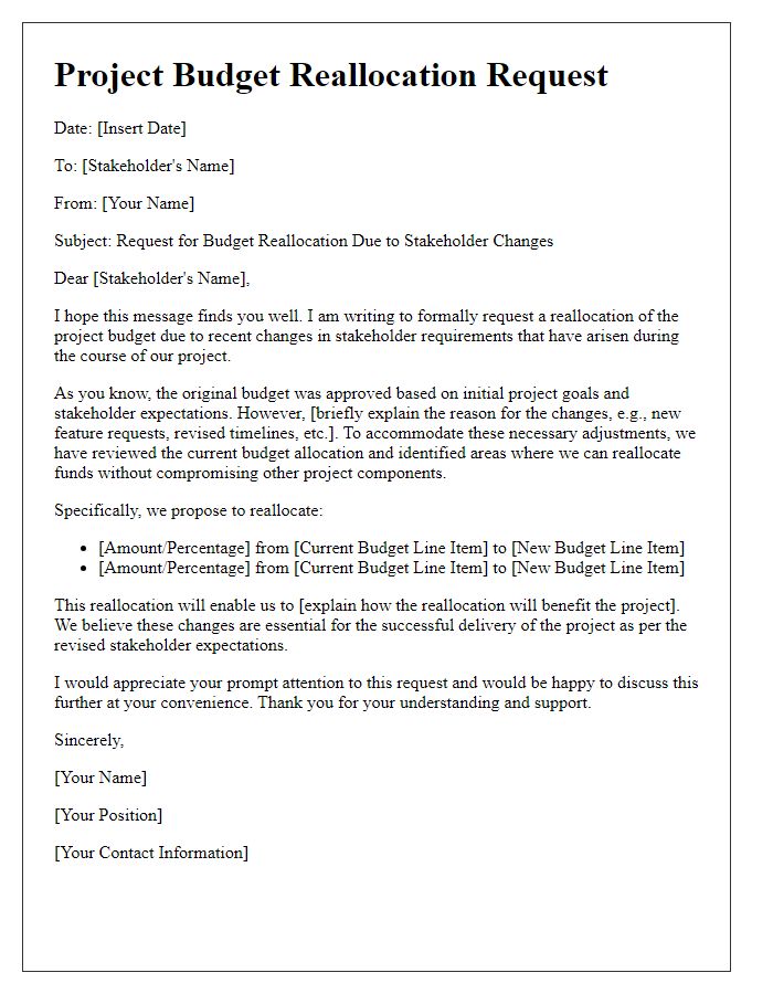 Letter template of project budget reallocation request for stakeholder changes