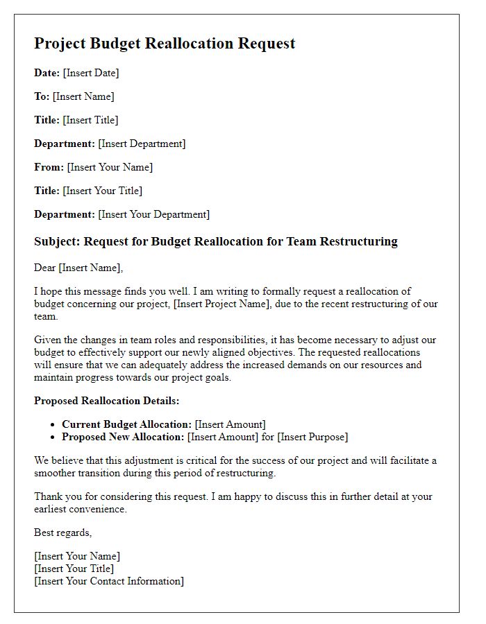 Letter template of project budget reallocation request for team restructuring