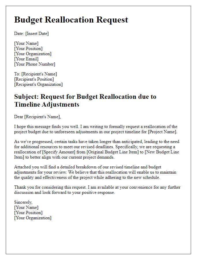 Letter template of project budget reallocation request for timeline adjustments