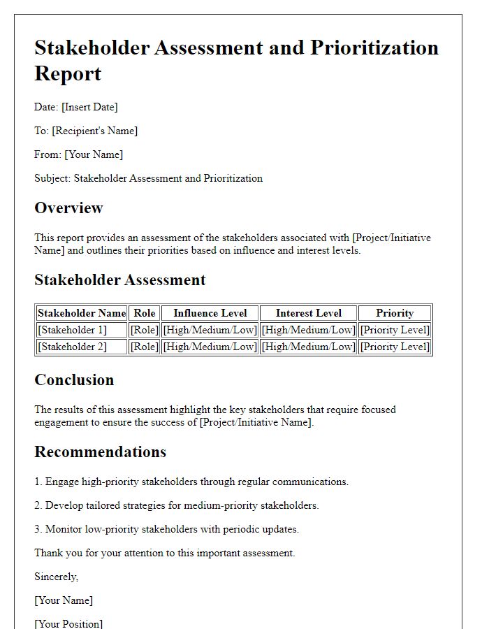 Letter template of stakeholder assessment and prioritization report.