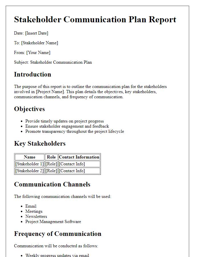 Letter template of stakeholder communication plan report.