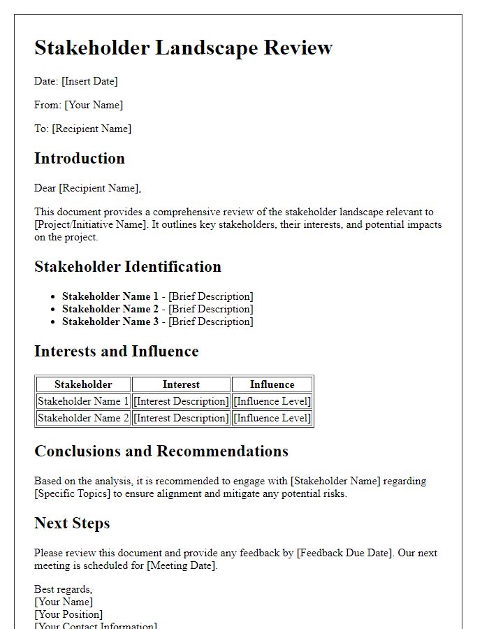 Letter template of stakeholder landscape review document.