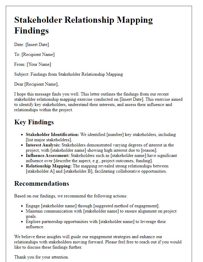 Letter template of stakeholder relationship mapping findings.