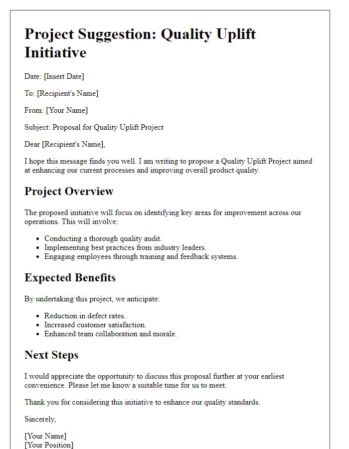 Letter template of quality uplift project suggestion