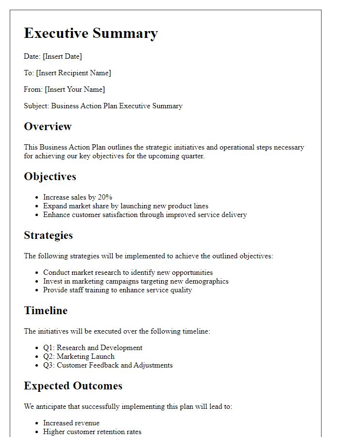 Letter template of business action plan executive summary