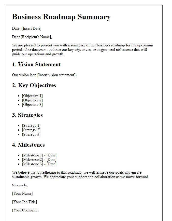 Letter template of business roadmap summary