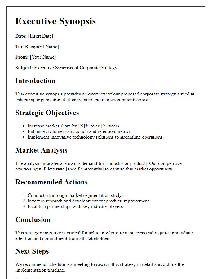 Letter template of executive synopsis for corporate strategy